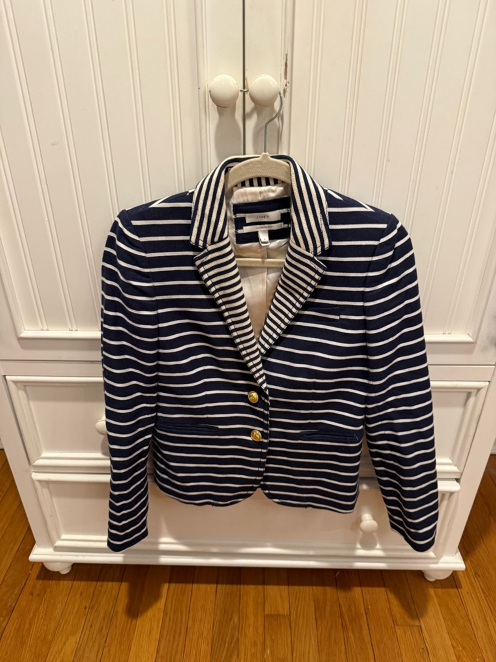 J. Crew Navy and White Striped Cotton Blazer with Gold Buttons
